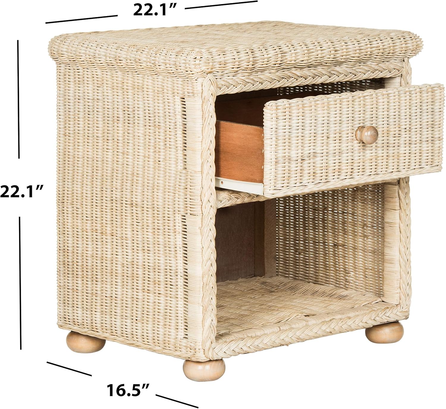 SAFAVIEH Home Collection - Adira Natural White Wash Wicker 1-Drawer Nightstand Accent Table, Coastal Boho Bedroom Storage Furniture with Shelf, 22.1"W x 16.5"D x 22.1"H (SEA8002A)