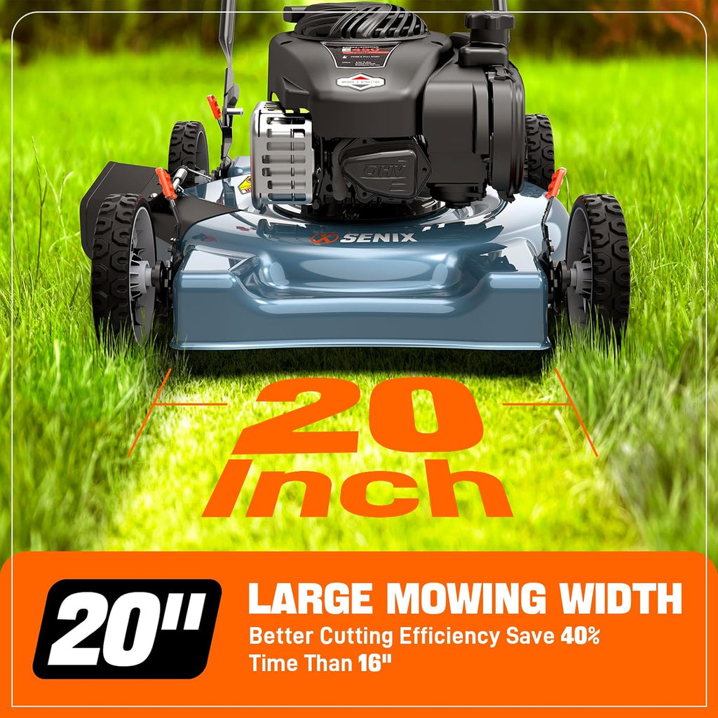 SENIX 20-Inch Gas Lawn Mower with 125 cc 4-Cycle Briggs & Stratton Engine, Side Discharge, 5-Position Single Wheel Height Adjustment (LSPG-L3)