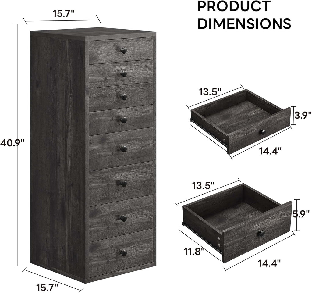 LIKIMIO Tall Dresser, Small Dressers with 8 Storage Drawers, Chest of Drawers for Organizing, Tall Narrow Dresser for Bedroom, Charcoal Grey