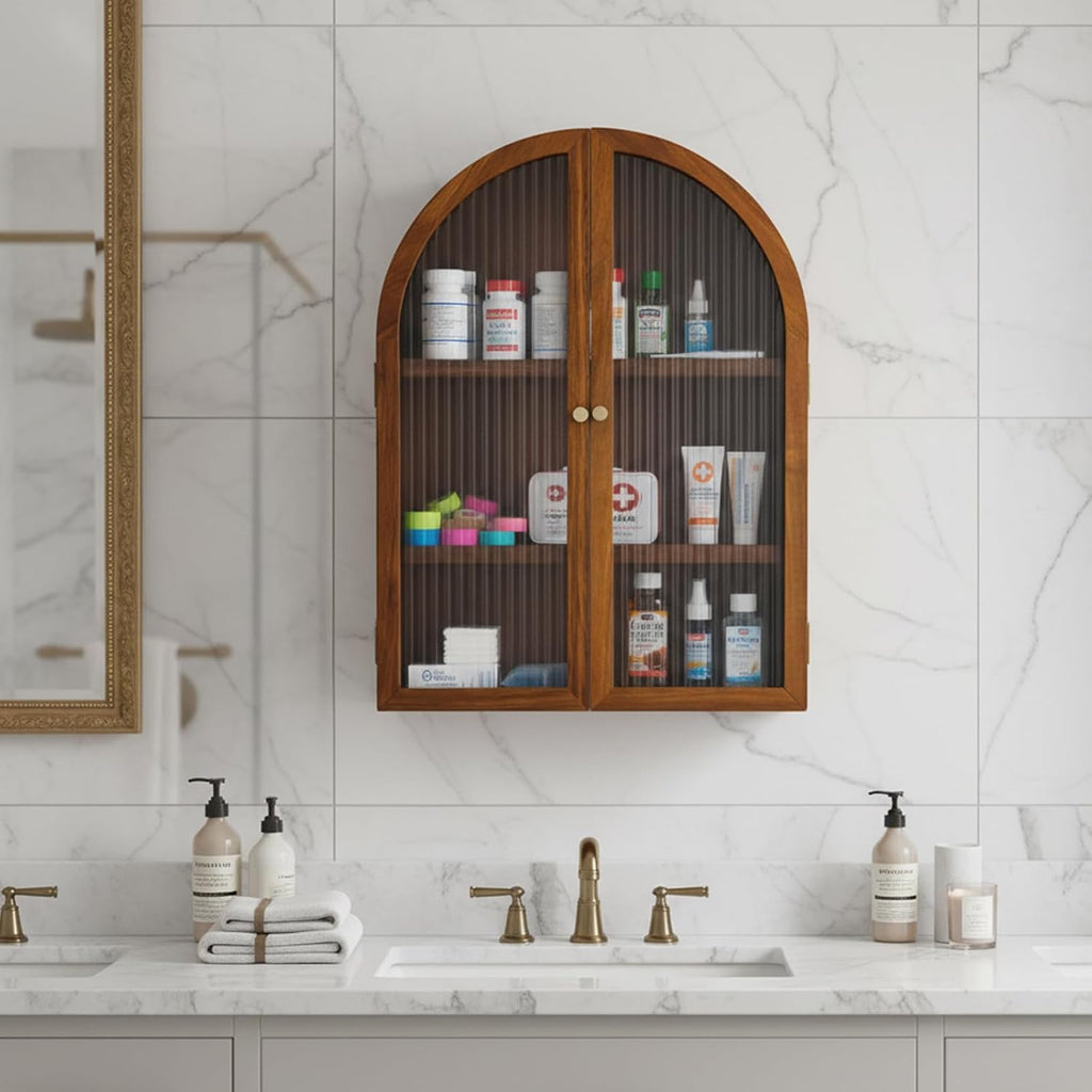 MyGift Medicine Cabinet, Arched Wall Cabinet, Bathroom Medicine Wall Mounted Cupboard, Mid Century Style Floating Storage Cabinet with Glass Door, Natural Acacia Wood