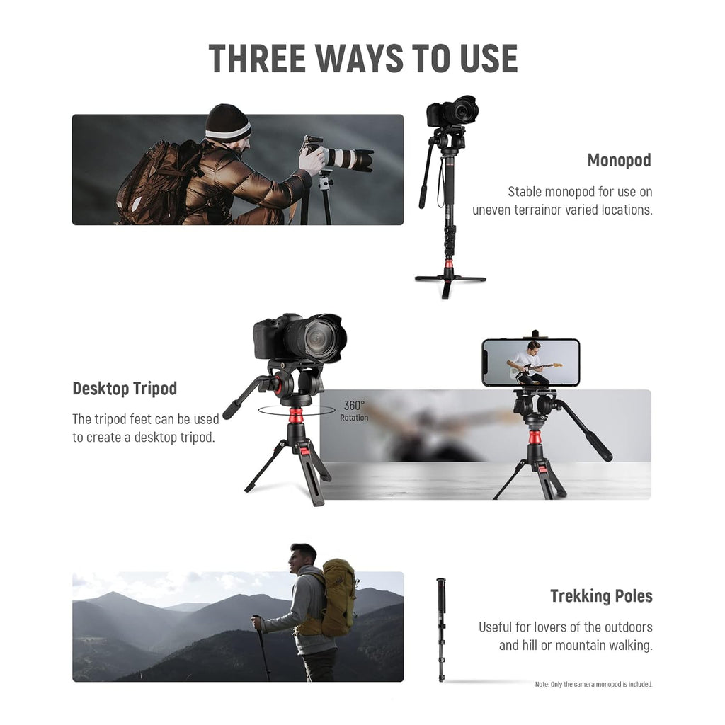 NEEWER Professional Camera Monopod with Feet, 70.5"/179cm Telescopic Portable Aluminum Travel Monopod with Pan Tilt Fluid Head and Removable Tripod Base for DSLR Camera Camcorder, Max Load 13.2lb/6Kg