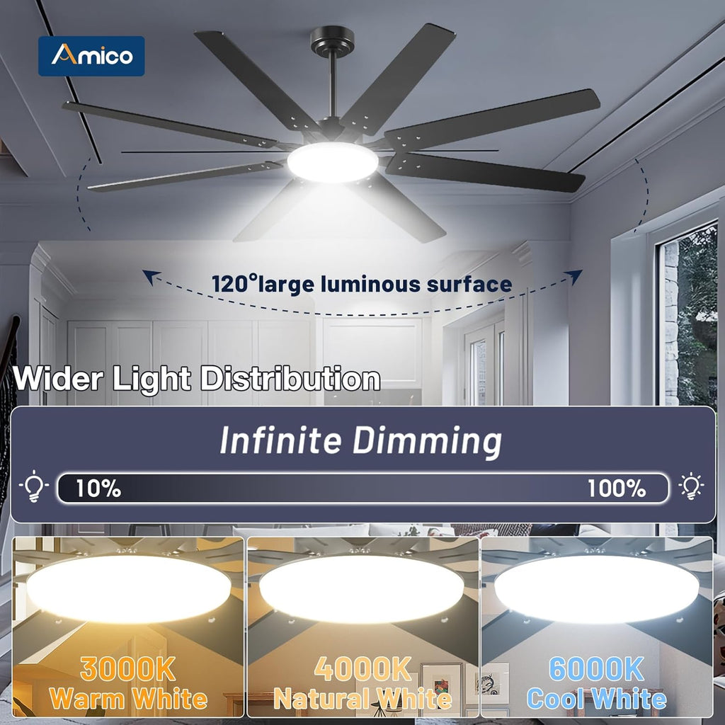 72 inch Ceiling Fans with Lights,Large Ceiling Fan with Light and Remote Control, Dimmable, 3CCT, Quiet, Black Modern Ceiling fan For Living Room, Bedroom, Kitchen, Patio, Farmhouse, Indoor/Outdoor