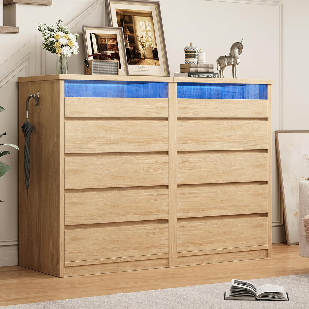 Jocoevol 5 Drawer Dresser for Bedroom with LED Light, Modern Chest of Drawers with Hidden Handles, Large Tall Wooden Dresser Closet for Living Room, Entryway, Hallway - Natural Oak