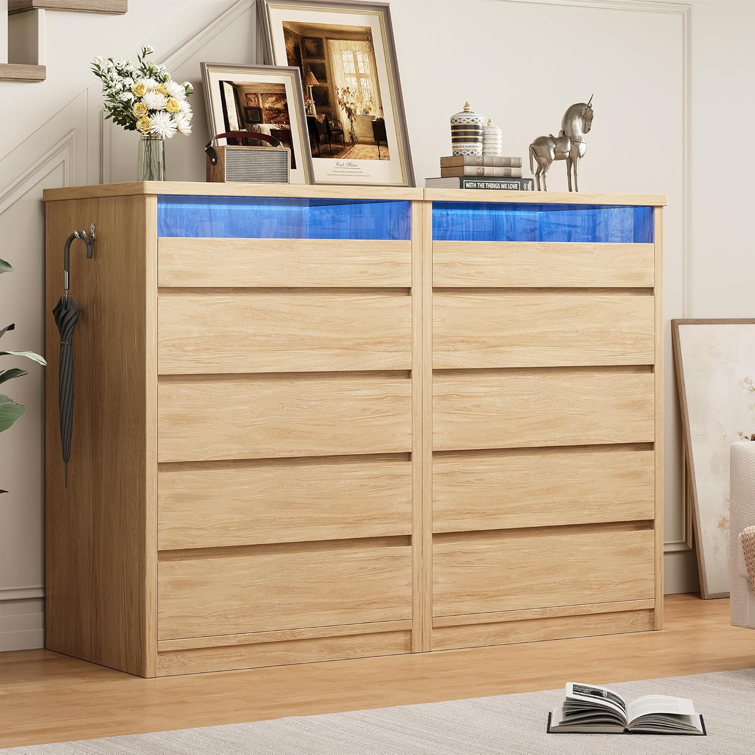 Jocoevol 5 Drawer Dresser for Bedroom with LED Light, Modern Chest of Drawers with Hidden Handles, Large Tall Wooden Dresser Closet for Living Room, Entryway, Hallway - Natural Oak