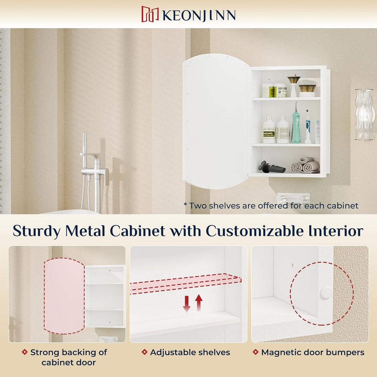 Keonjinn Medicine Cabinet 16 x 26 Inch, Surface Mount or Recessed Cabinets with Mirrors, White Metal Framed Wall Mirror with Storage, 2 Adjustable Shelves, Beveled Edge Frame