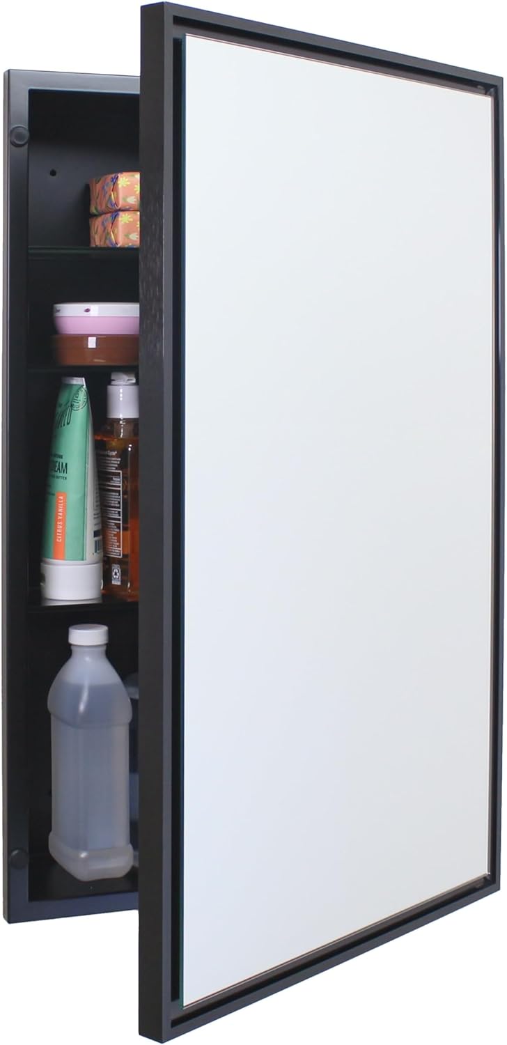 16x26 Parker Metro Metal Framed Rectangle Recessed Bathroom Medicine Cabinet, Floating Mirror, 14x24 in-Wall Opening, Steel, Adjustable Glass Shelves, Magnet Close, Black