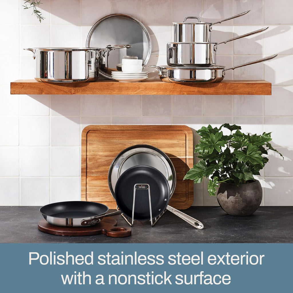All-Clad D3 3 Ply Stainless Steel Nonstick Bonded Cookware Set 10 Piece, Oven Broiler Safe 600F, Kitchen Cooking Set w/Frying Pan, Sauce Pan, Saute Pan, Stockpot, Professional Pots & Pans Set Silver