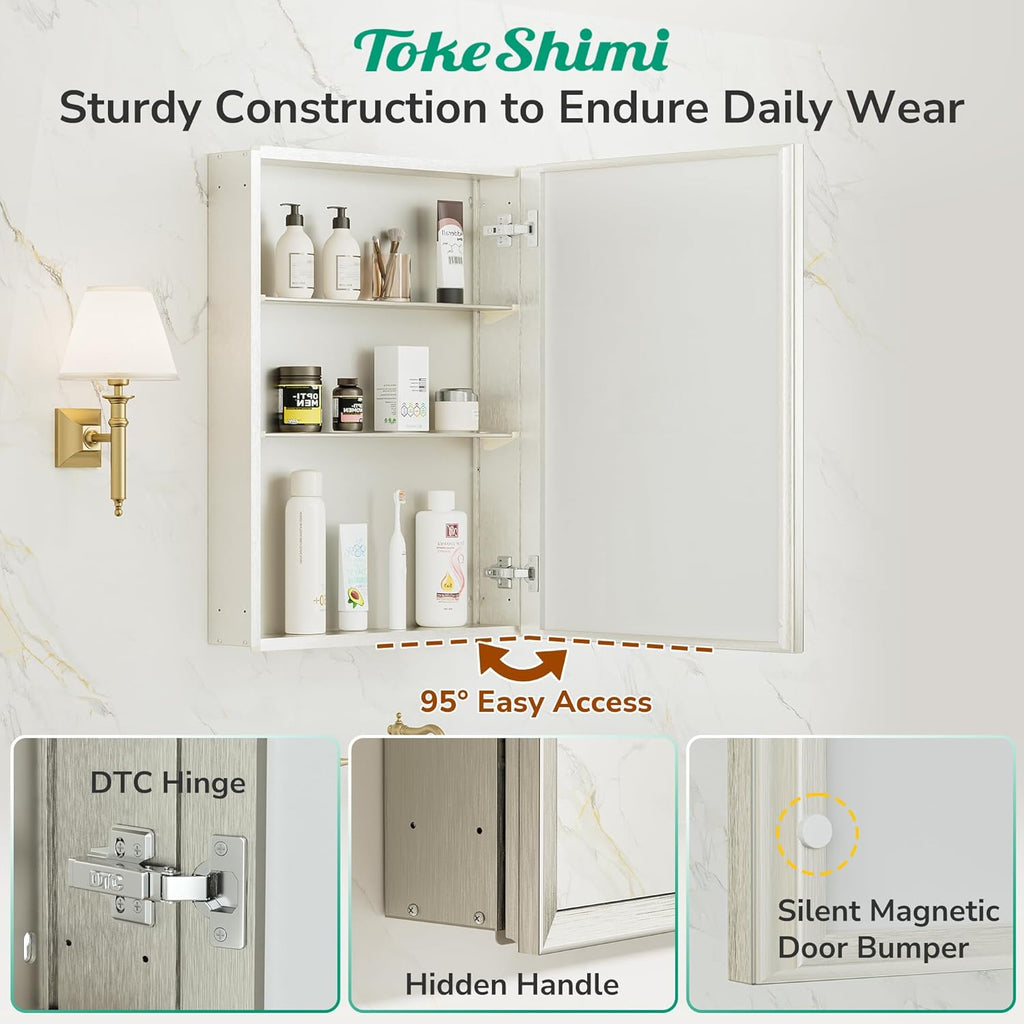 TokeShimi 20 x 26 Recessed Medicine Cabinet with Mirror, Assembly Required, Brushed Nickel Mirror Medicine Cabinet for Bathroom, Stepless Adjustable Shelves, Beveled Aluminum Frame, Tempered Glass