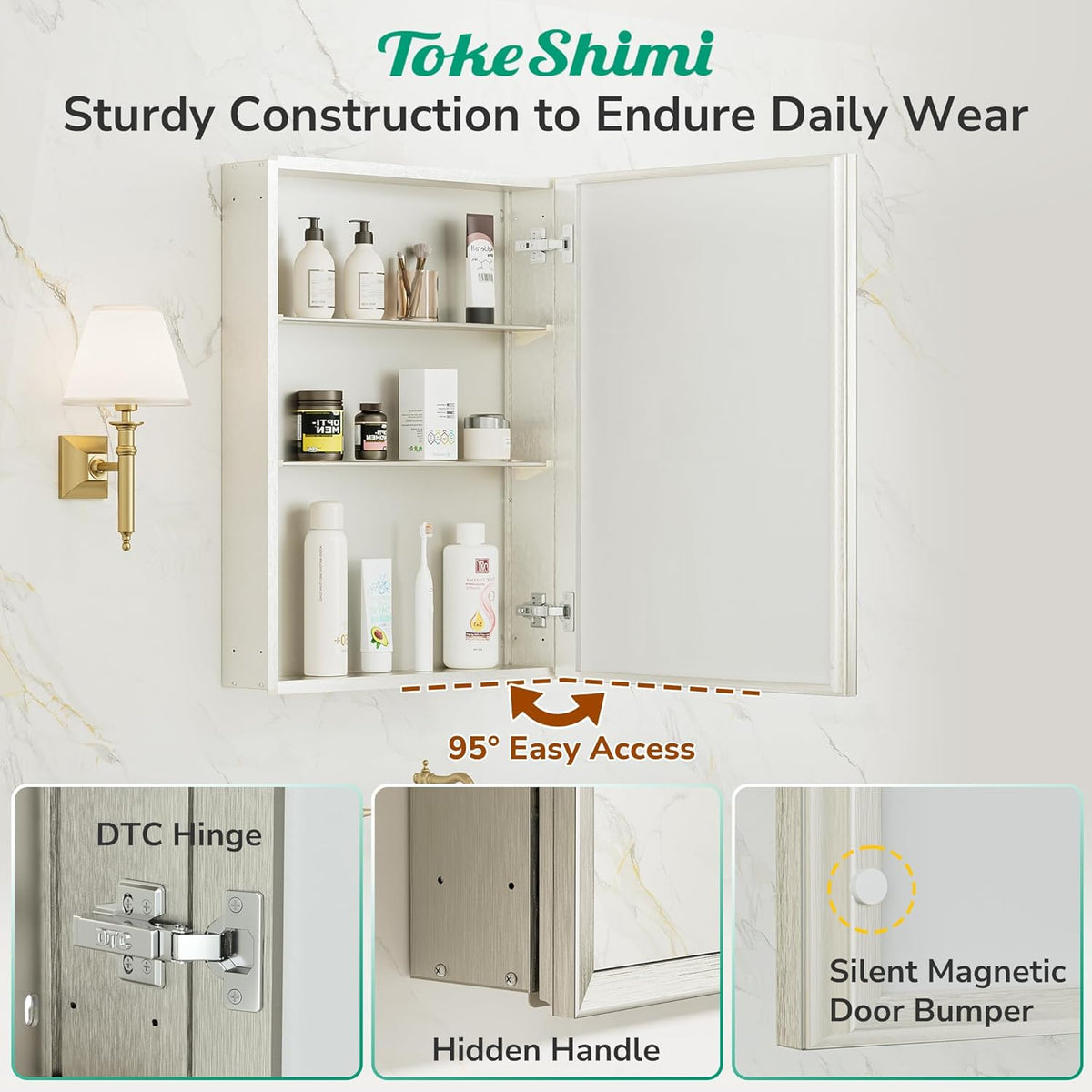 TokeShimi 20 x 26 Recessed Medicine Cabinet with Mirror, Assembly Required, Brushed Nickel Mirror Medicine Cabinet for Bathroom, Stepless Adjustable Shelves, Beveled Aluminum Frame, Tempered Glass