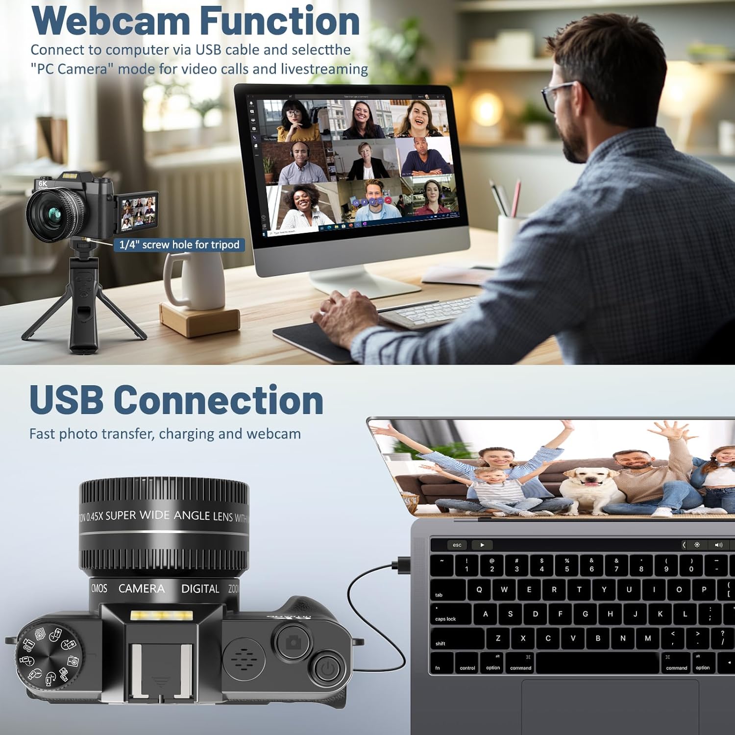 6K Digital Camera for Photography - WiFi 64MP Vlogging Cameras for YouTube with 3" 180° Flip Screen, 16X Digital Zoom Autofocus Vlog Travel Camara with 32GB SD Card, 2 Batteries and Double Charger