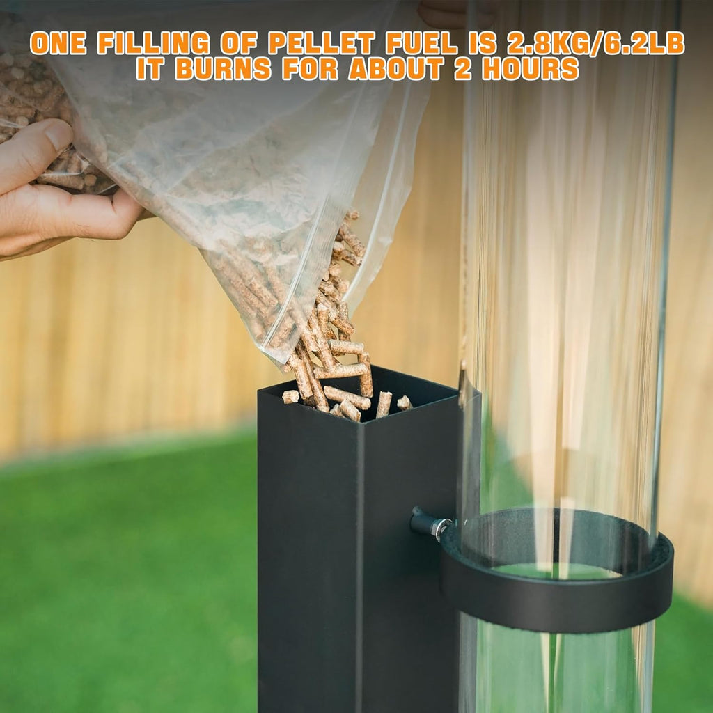 58" Wood pellet Patio Heater with Glass Tube, Portable Pellet Heater Fire Pit, Rocket Stove for Camping Backyard Porch Coffee Shop Outside Restaurant, Bonfire Party, RV, Tailgating, Beach, FP042