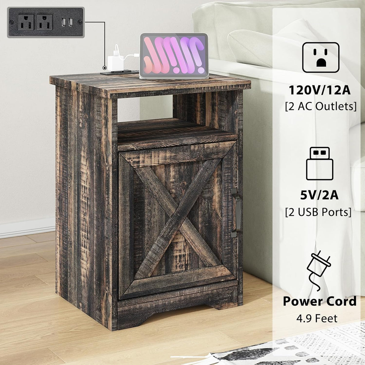 AMERLIFE 5-Piece Farmhouse Table Set Includes Fireplace TV Stand, Coffee Table& Two End Tables with Charging Station and USB Ports, for Living Room, Dark Oak, 63"