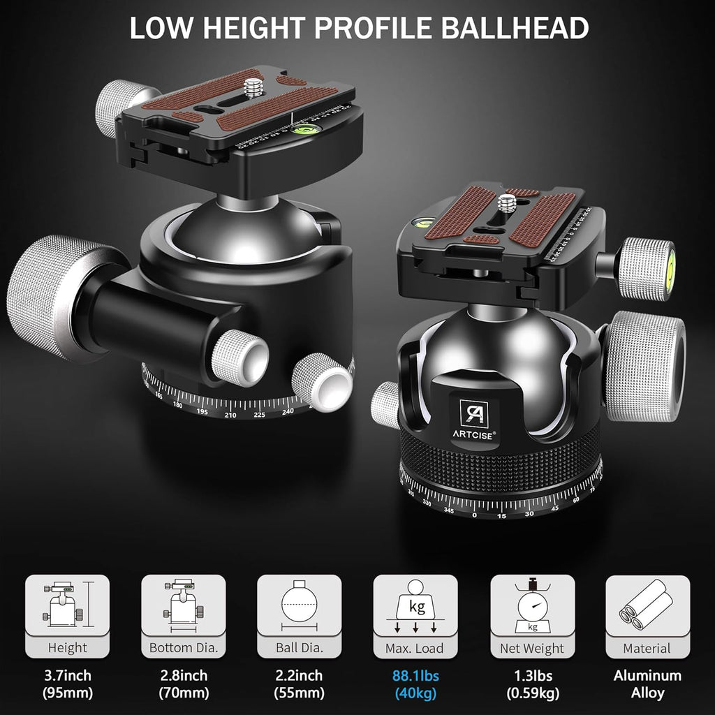55mm Low Profile Ball Head Tripod Ball Head ARTCISE KB55 Heavy Duty Tripod Head All Metal CNC Machining with Three 1/4" Quick Release Plates for Tripod, Monopod, DSLR, Camcorder, Max Load 88lbs /40kg