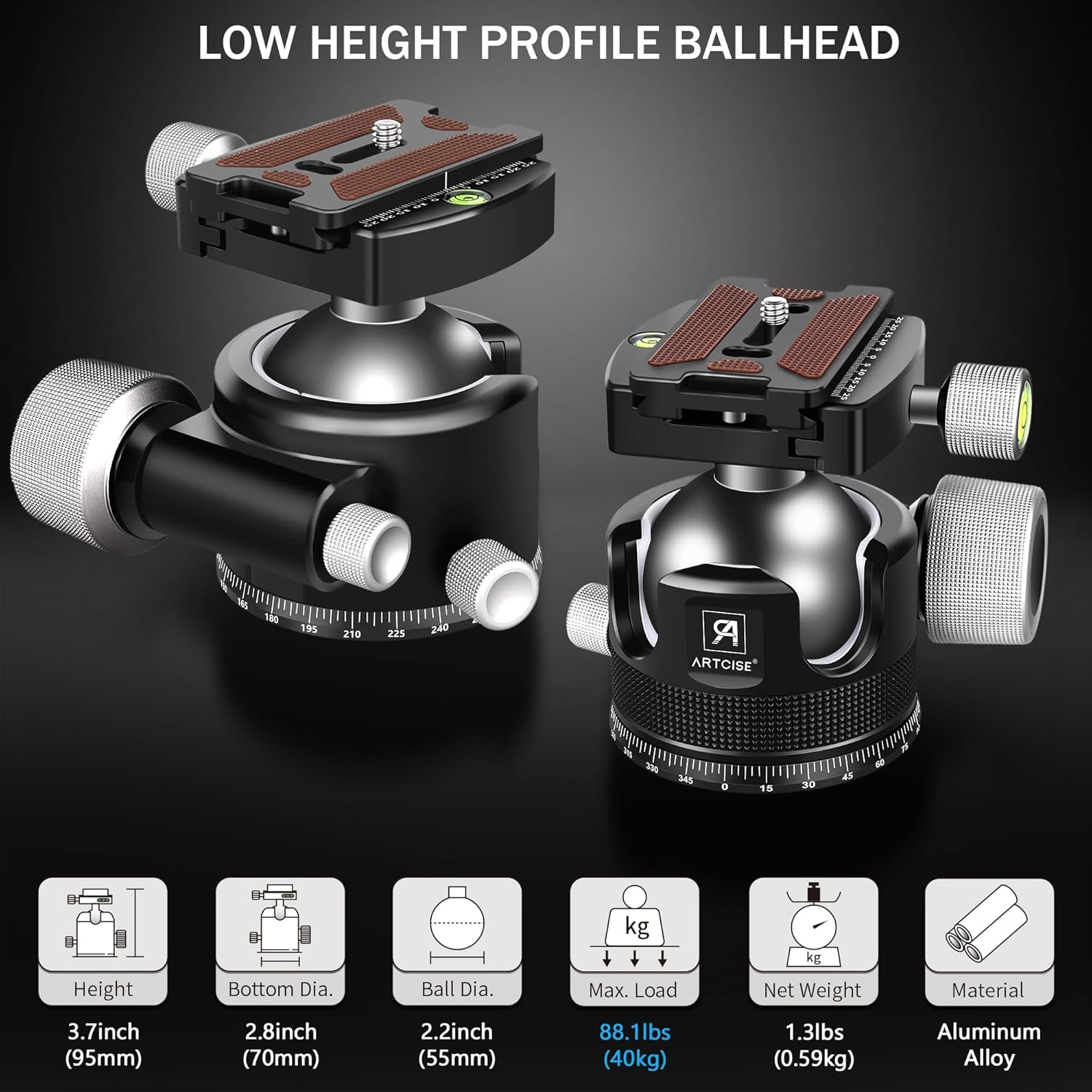 55mm Low Profile Ball Head Tripod Ball Head ARTCISE KB55 Heavy Duty Tripod Head All Metal CNC Machining with Three 1/4" Quick Release Plates for Tripod, Monopod, DSLR, Camcorder, Max Load 88lbs /40kg