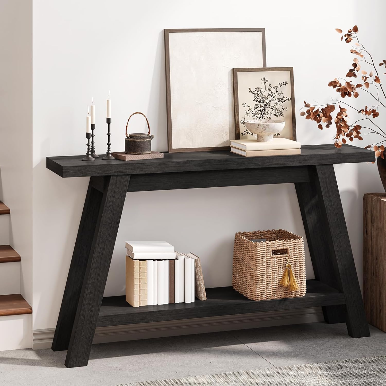 Black Console Table, 55Inch Entryway Console Tables 2-Tier Narrow Wood Console Table Behind Couch Sofa Tables for Living Room, Entryway, Hallway (Black)