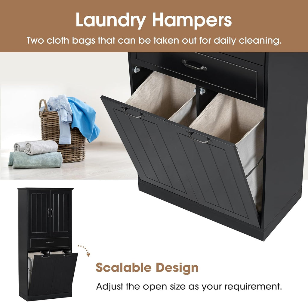 Virubi Tall Laundry Cabinet with 2 Tilt Out Laundry Hamper, Modern Wood Bathroom Storage Cabinet with Drawers, Doors and Adjustable Shelves for Home, Freestanding