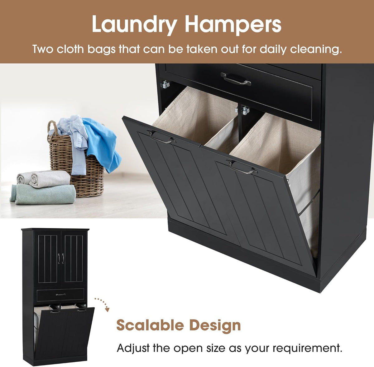 Virubi Tall Laundry Cabinet with 2 Tilt Out Laundry Hamper, Modern Wood Bathroom Storage Cabinet with Drawers, Doors and Adjustable Shelves for Home, Freestanding