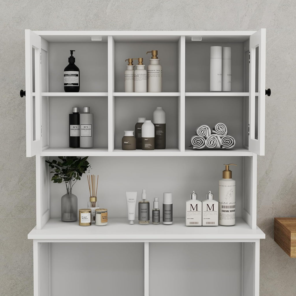 Tilt-Out Laundry Hamper Cabinet, 60-inch Tall Bathroom Cabinet with 2 Large Pull-Out Laundry Baskets, Glass Doors, and 2 Adjustable Shelves, Bathroom Organizer Cabinet for Laundry and Balcony, White