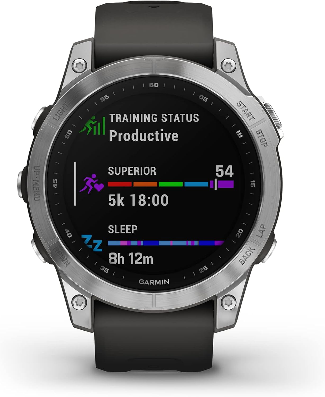 Garmin 010-02540-00 fenix 7, adventure smartwatch, rugged outdoor watch with GPS, touchscreen, health and wellness features, silver with graphite band (Renewed)