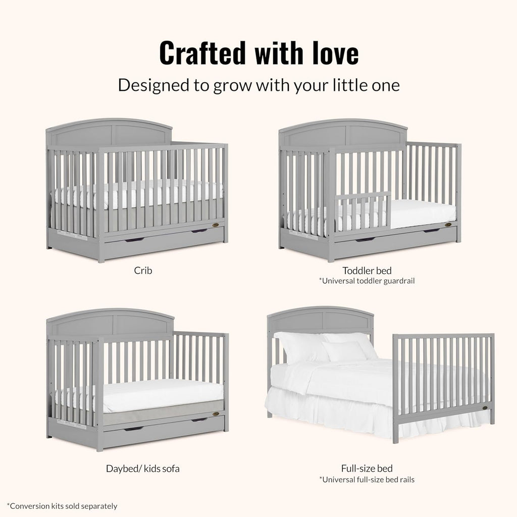 Dream On Me Storybrooke 5-in-1 Convertible Full-Size Crib with Under Drawer, Pebble Grey, GreenGuard Gold & BSA, Convert to Toddler, Day & Full-Size Bed, 3 Mattress Heights, Sustainable Pinewood
