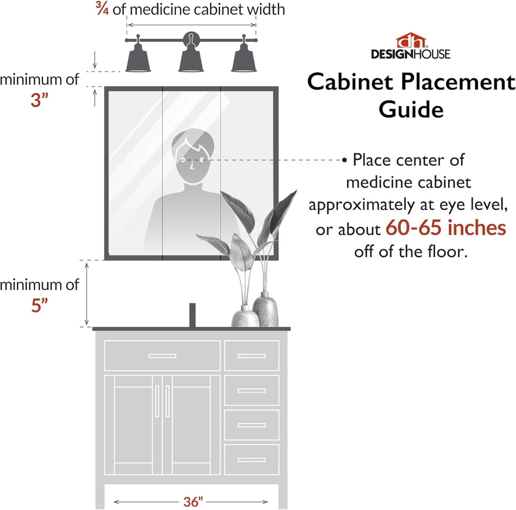 Design House Claremont Bathroom Medicine Cabinet with Mirror, 36 Inch Wall Mounted Cabinet, 3 Mirrored Doors, Honey Oak Wood Frame, Pre-Assembled, 36" W x 4.75" D x 30" H, 545285-HOK