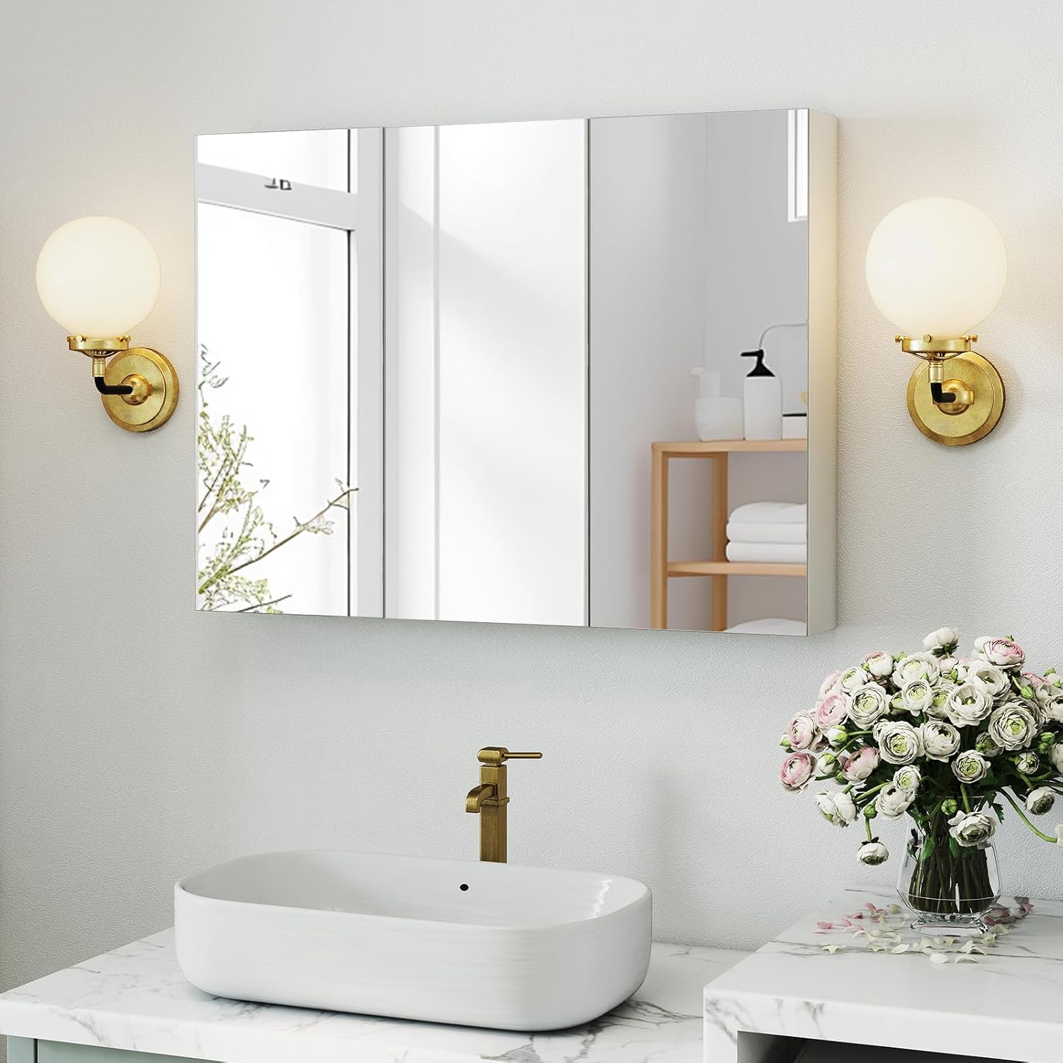 NAFORT Mirrored Medicine Cabinet, 3-Door Wall Mounted Storage Cabinet with Adjustable Shelves, Large Bathroom Wall Cabinet Organizer with Frameless Mirrors, Recessed or Surface Mount