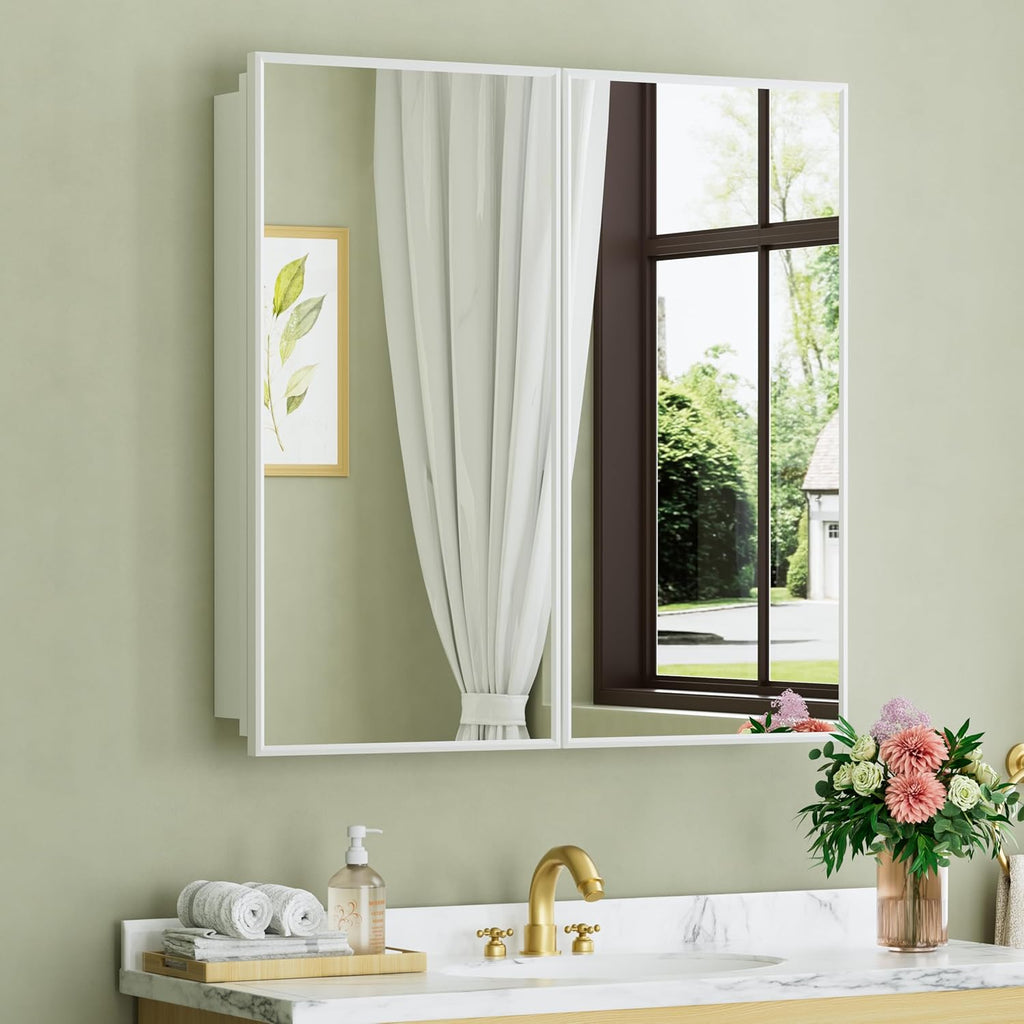 Buruis 30" x 30" Framed Medicine Cabinet with Mirror, Recessed or Wall Mounted Bathroom Cabinet, Adjustable Tempered Glass Shelves, Left/Right Open Reversible, No Assembly Required, White