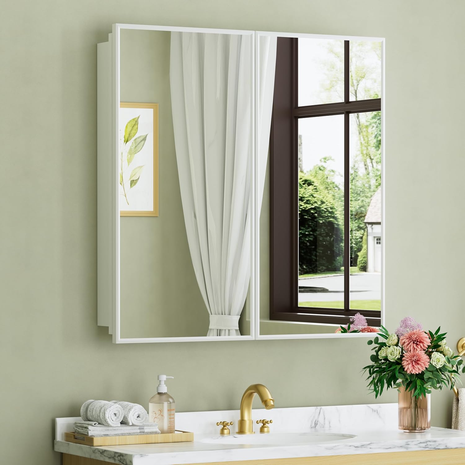 Buruis 30" x 30" Framed Medicine Cabinet with Mirror, Recessed or Wall Mounted Bathroom Cabinet, Adjustable Tempered Glass Shelves, Left/Right Open Reversible, No Assembly Required, White