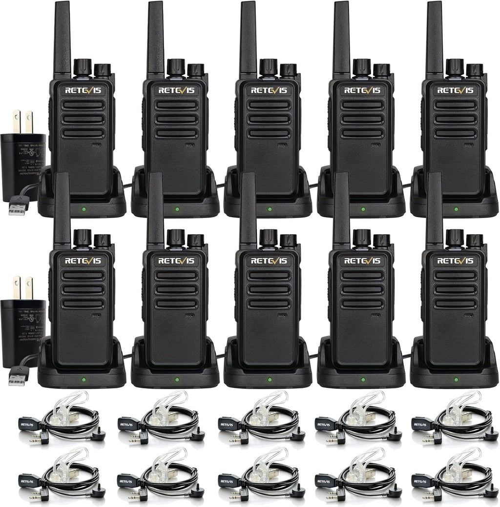 Retevis RT68 Two-Way Radios Long Range, Walkie Talkies for Adults, 2 Way Radio with Earpiece, Walkie Talkie Rechargeable with Charging Base, for Manufacturing Restaurant Business School(10 Pack)
