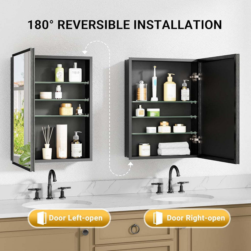 30x26 Pre-Assembled Black Medicine Cabinet with Mirror, Surface or Recessed Medicine Cabinet Mirror for Bathroom, Aluminum Beveled Frame Bathroom Vanity Mirror with Adjustable Shelves Storage