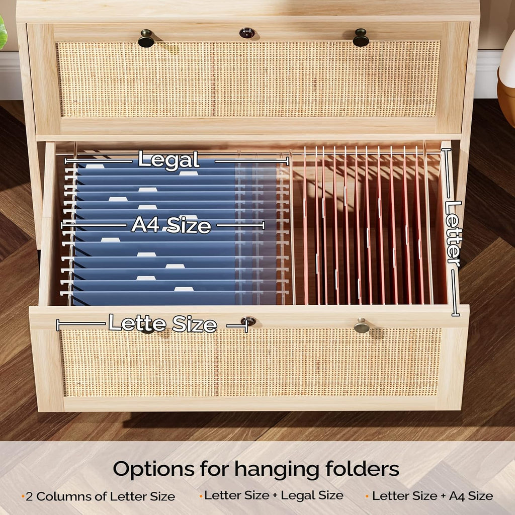 VINGLI Wood Rattan 2-Drawer Lateral File Cabinet with Lock for Home Office, Lockable Filing Cabinet with Rustic Metal Handles for Hanging Letter/A4/Legal Size Labeled Folders, Oak, 30W x 16D x 28H