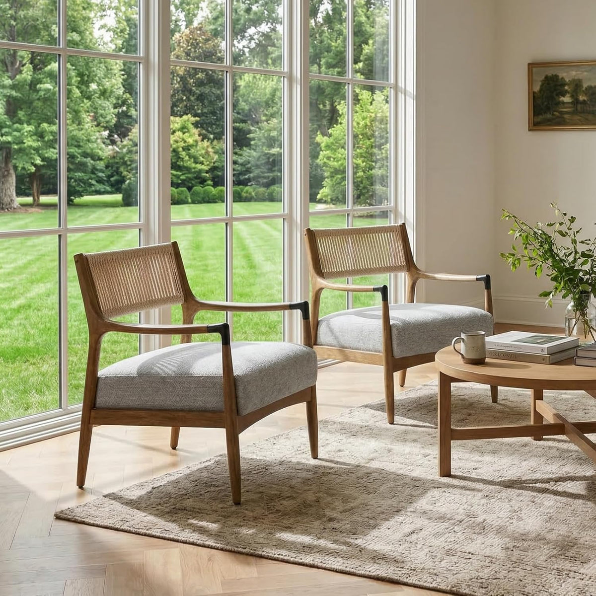 Ya-Home Mid-Century Modern Accent Chairs with Woven Rope Back, Upholstered Linen Fabric Armchairs with Solid Wood Frame for Living Room Bedroom, 2PCS, Patterned