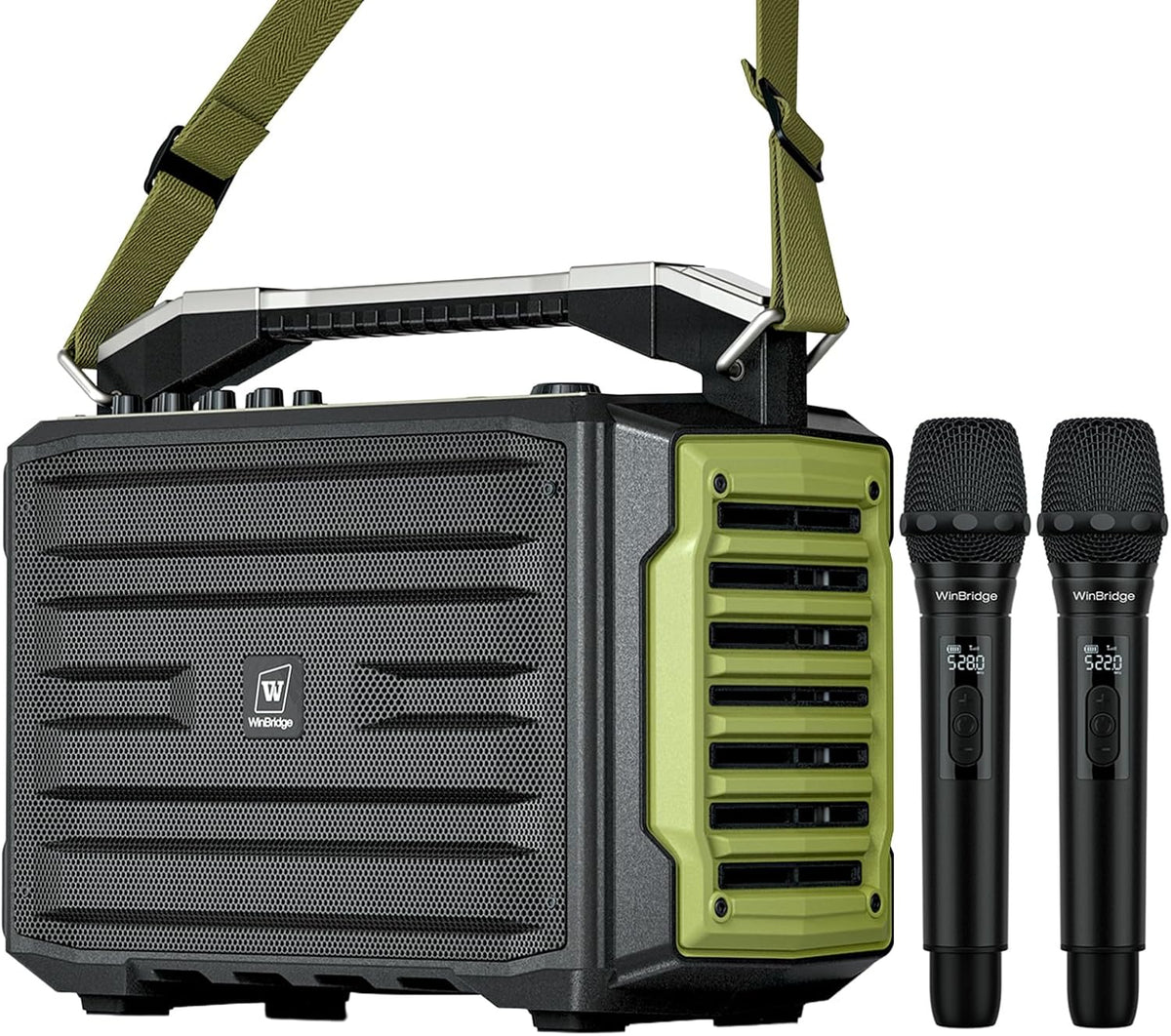 WinBridge 200W Portable PA System with 2 Wireless Mics, IPX4 Waterproof Bluetooth Speaker, Rechargeable All-in-One Karaoke Machine for Outdoor Parties, Weddings, School Events and Public Speaking