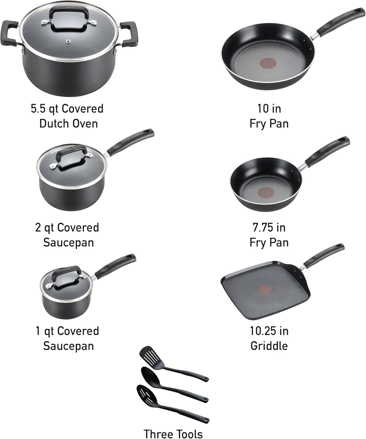 T-Fal Signature Nonstick Pots and Pans Set 12 Piece, Oven Broiler Safe 350F, Kitchen Cookware Set w/Fry Pans, Saucepans, Saute Pan, Dutch Oven, Griddle, Kitchen, Home, Dishwasher Safe, Black