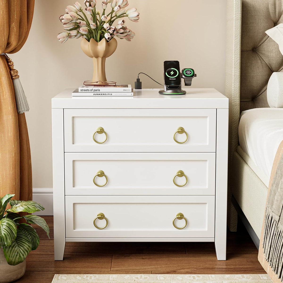 Huuger 23.6 Inch Night Stand with Charger Station and USB-C Port, 3 Drawer Nightstand, Larger Wider Bedside Table, Modern Side End Table, for Bedroom, White Nightstand