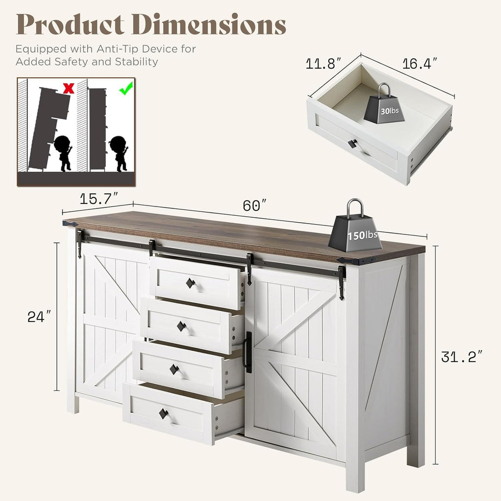 AMERLIFE 60" Farmhouse Dresser with Sliding Barn Doors, Rustic Dresser TV Stand with 4 Drawers, Storage Organizer for Bedroom/Entryway, Distressed White