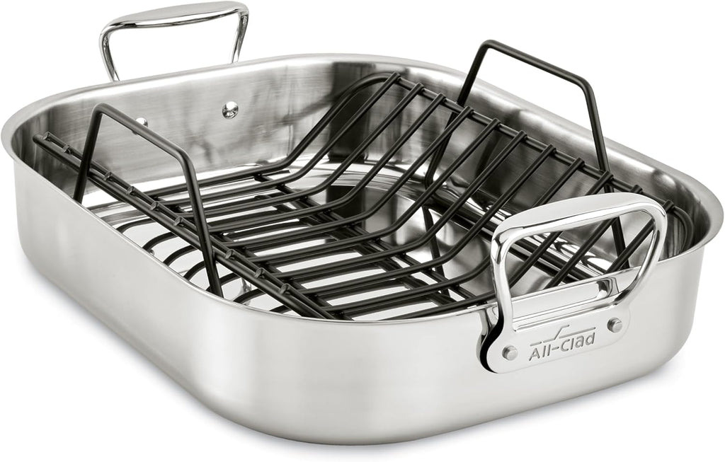 All-Clad Specialty Stainless Steel Roaster and Nonstick Rack 16x13x5 Inch Oven Broiler Safe 600F Roaster Pan, Pots and Pans, Bakeware, Turkey, Silver