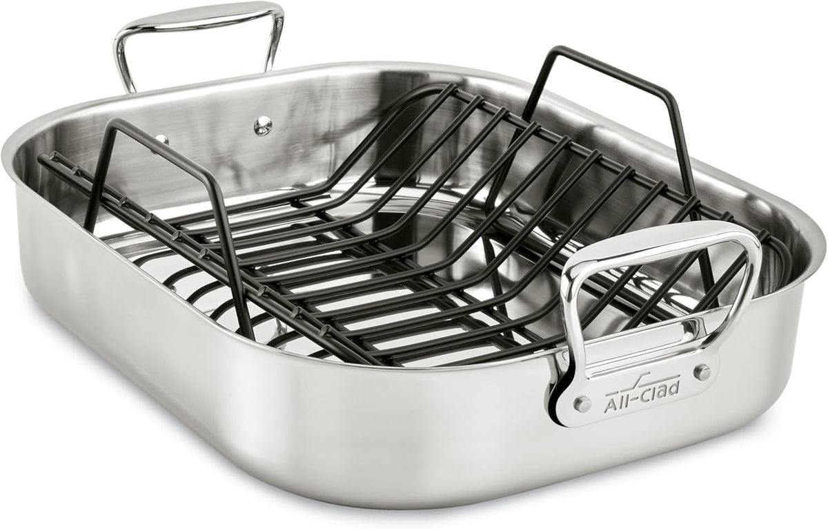 All-Clad Specialty Stainless Steel Roaster and Nonstick Rack 16x13x5 Inch Oven Broiler Safe 600F Roaster Pan, Pots and Pans, Bakeware, Turkey, Silver