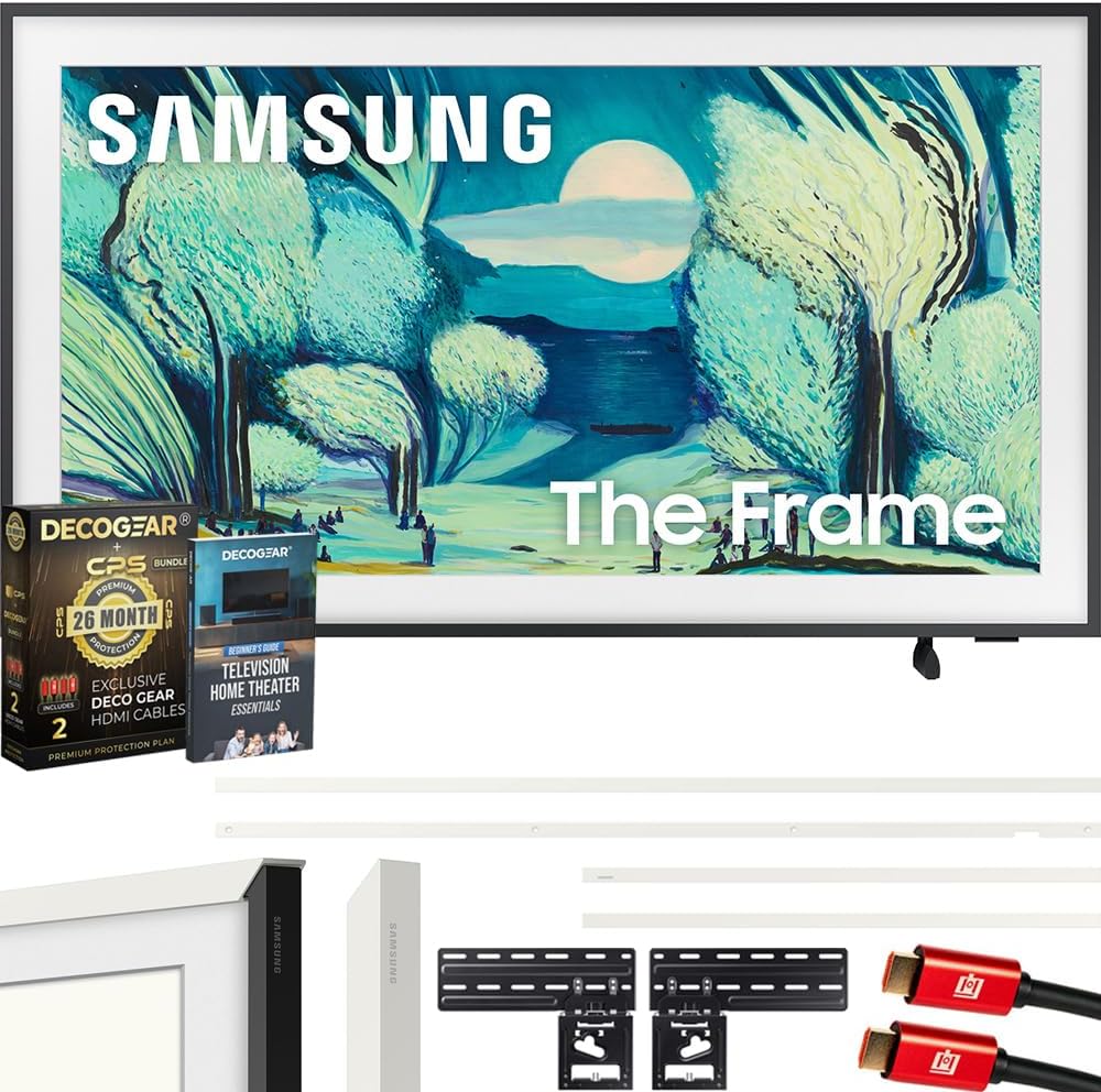 Samsung QN43LS03FA 43" The Frame QLED 4K AI TV (2025) Bundle with Modern White Bezel, CPS 26 Month Protection, Slim Flat Mount, 2X HDMI Cables & Deco Gear Complete Home Theater Beginner's Guidebook