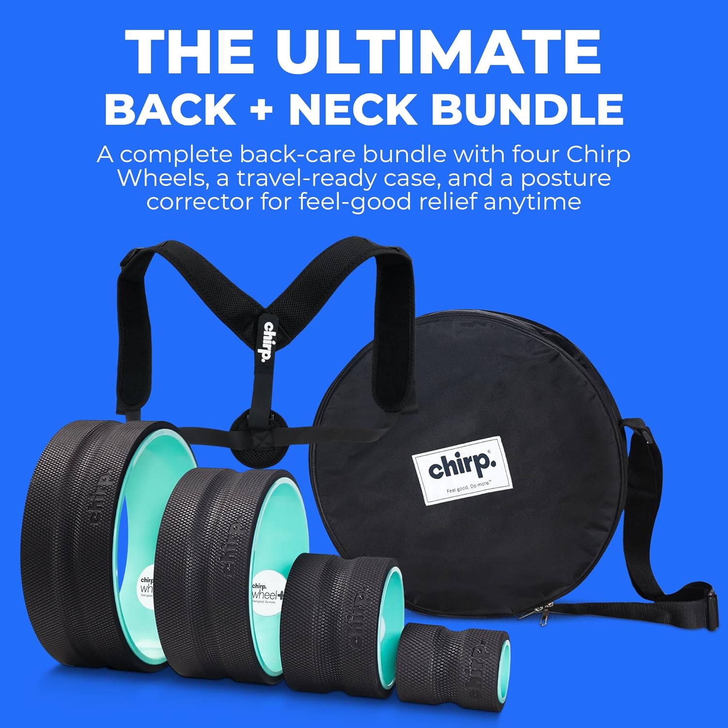 Chirp - Ultimate Back + Neck Bundle | 4-Pack Wheel Foam Roller Set for Back & Neck Pain Relief, Posture Corrector for Alignment & Support, 500lb Capacity, Includes Carrying Case, Mint