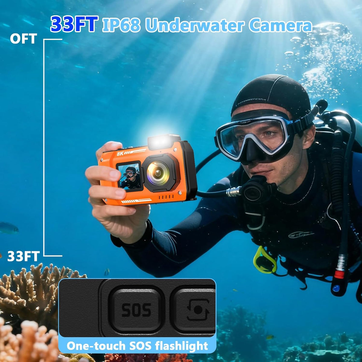 8K Underwater Camera 33FT Waterproof Camera with 64GB Card 70MP 18X Zoom Waterproof Digital Camera Auto Focus Dual-Screen Selfie 2500mAh Battery Dustproof Shockproof