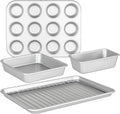 Viking Premium 5-Piece Nonstick Ceramic Baking Pans Set, Made without PFAS, Heavy Gauge Aluminized Steel Bakeware, Baking Sheet, Cooling Rack, Loaf, Muffin and Square Pan, Oven Safe for 475F, Silver