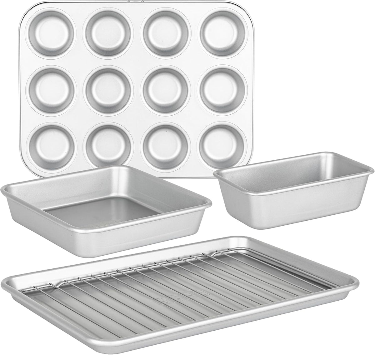 Viking Premium 5-Piece Nonstick Ceramic Baking Pans Set, Made without PFAS, Heavy Gauge Aluminized Steel Bakeware, Baking Sheet, Cooling Rack, Loaf, Muffin and Square Pan, Oven Safe for 475F, Silver
