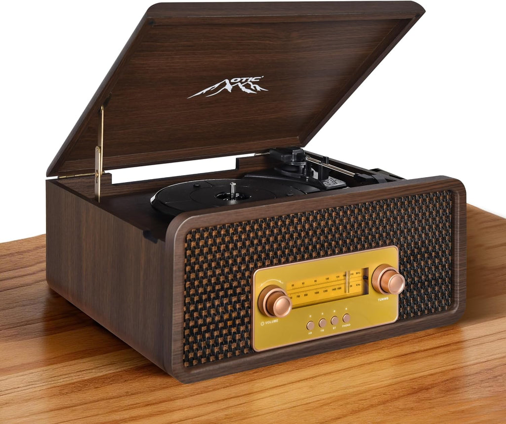 OTIC All-in-One Vinyl Record Player with Speakers, 3-Speed Turntable, Bluetooth Wireless Playback AM/FM Radio Aux-in, Auto-Stop Retro Wooden Design Home Audio&Gift for Music Lovers