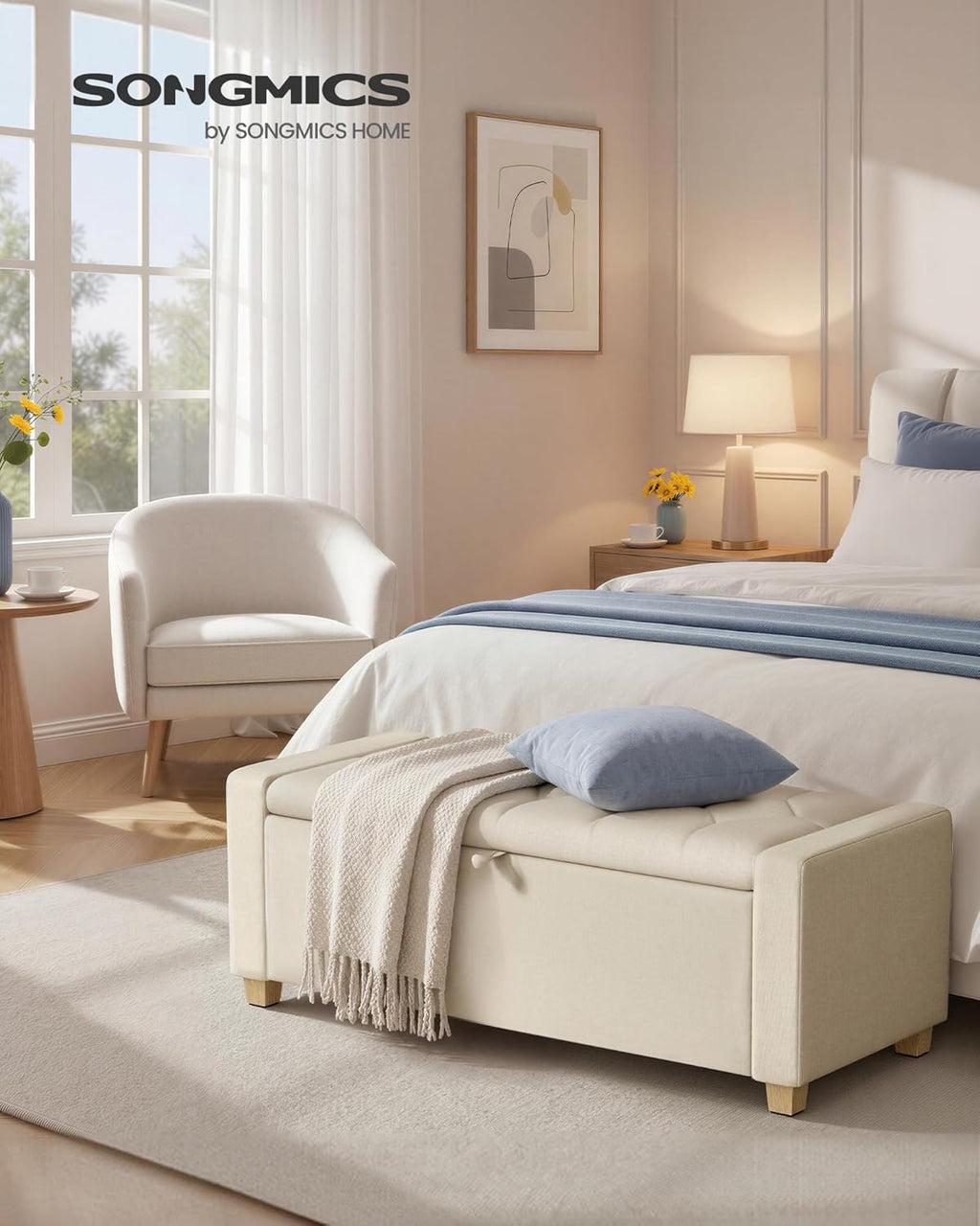 SONGMICS Storage Ottoman, Storage Chest Bench with Legs, End of Bed Bench with Safety Hinges, Pull Tab, for Living Room, Bedroom, 19.7 x 47.6 x 16.5 Inches, Linen-Look Fabric, Summer Sand ULOM511LF01