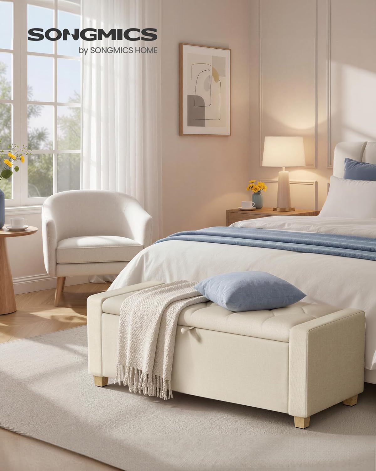 SONGMICS Storage Ottoman, Storage Chest Bench with Legs, End of Bed Bench with Safety Hinges, Pull Tab, for Living Room, Bedroom, 19.7 x 47.6 x 16.5 Inches, Linen-Look Fabric, Summer Sand ULOM511LF01