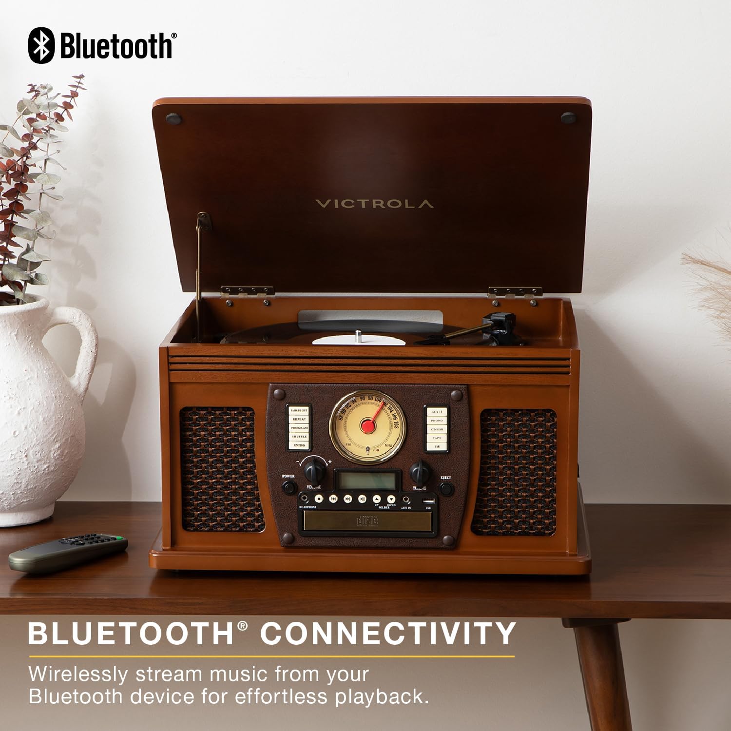 Victrola Navigator 8-in-1 Bluetooth Record Player with Built-in Speakers – 3 Speed, CD Player, Cassette, FM Radio, USB, RCA Out, Headphone Jack, Wireless Music Streaming, Real Wood (Walnut)