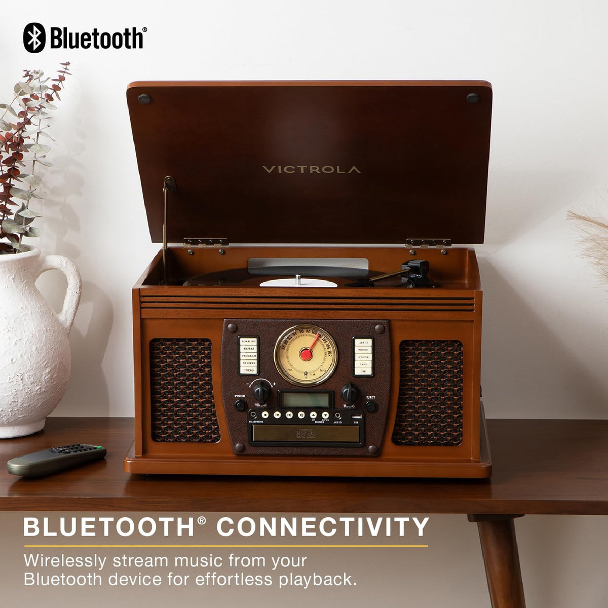 Victrola Navigator 8-in-1 Bluetooth Record Player with Built-in Speakers – 3 Speed, CD Player, Cassette, FM Radio, USB, RCA Out, Headphone Jack, Wireless Music Streaming, Real Wood (Walnut)