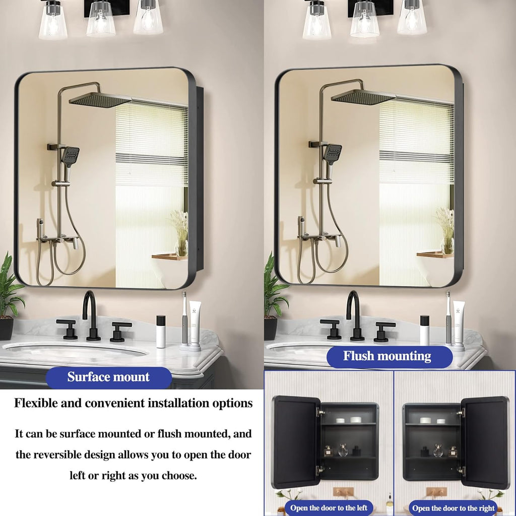 20" x 20" Bathroom Medicine Cabinet, Recessed or Surface Mount Square Mirror Cabinet with Stainless Steel Frame,Adjustable Metal Shelves, Wall Mounted Vanity Mirror with Bathroom Storage