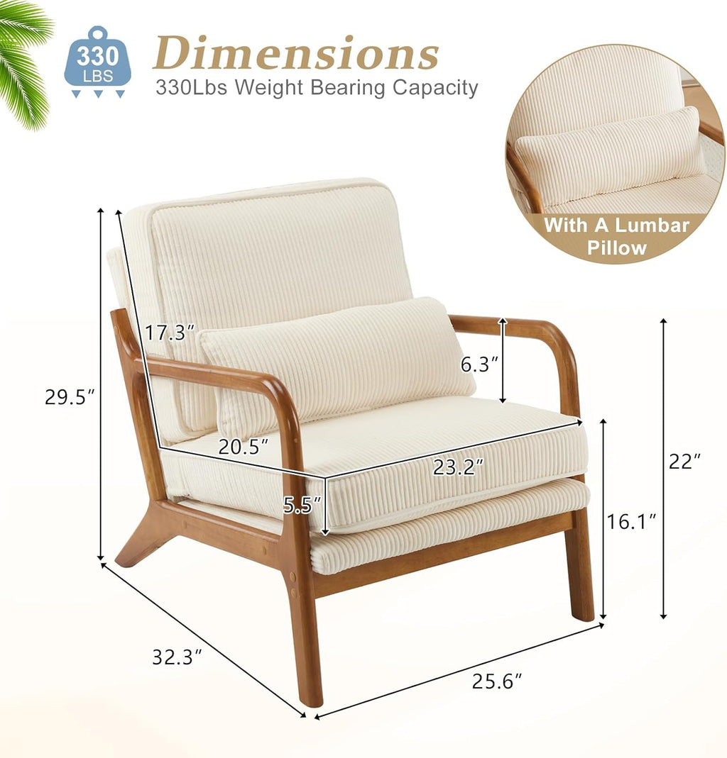 VINGLI Upgraded Premium Corduroy Accent Chairs Set of 2,Upholstered Arm Chair,Solid Wood Comfy Reading Chair with Pillow, Mid Century Modern Chairs for Living Room,Bedroom,Beige